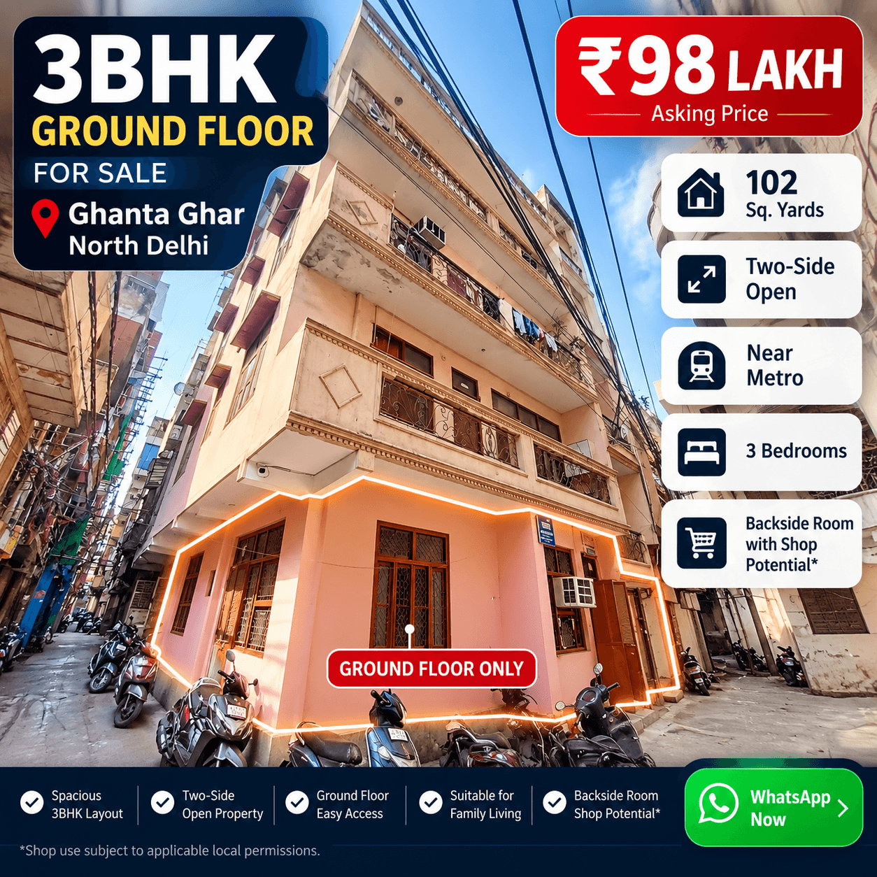 3BHK ground floor property in Ghanta Ghar, North Delhi, asking price 98 lakh